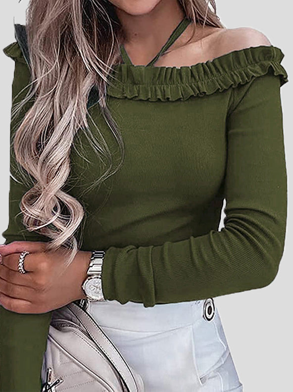 Women's T-Shirts Halter One-Shoulder Long Sleeve T-Shirt