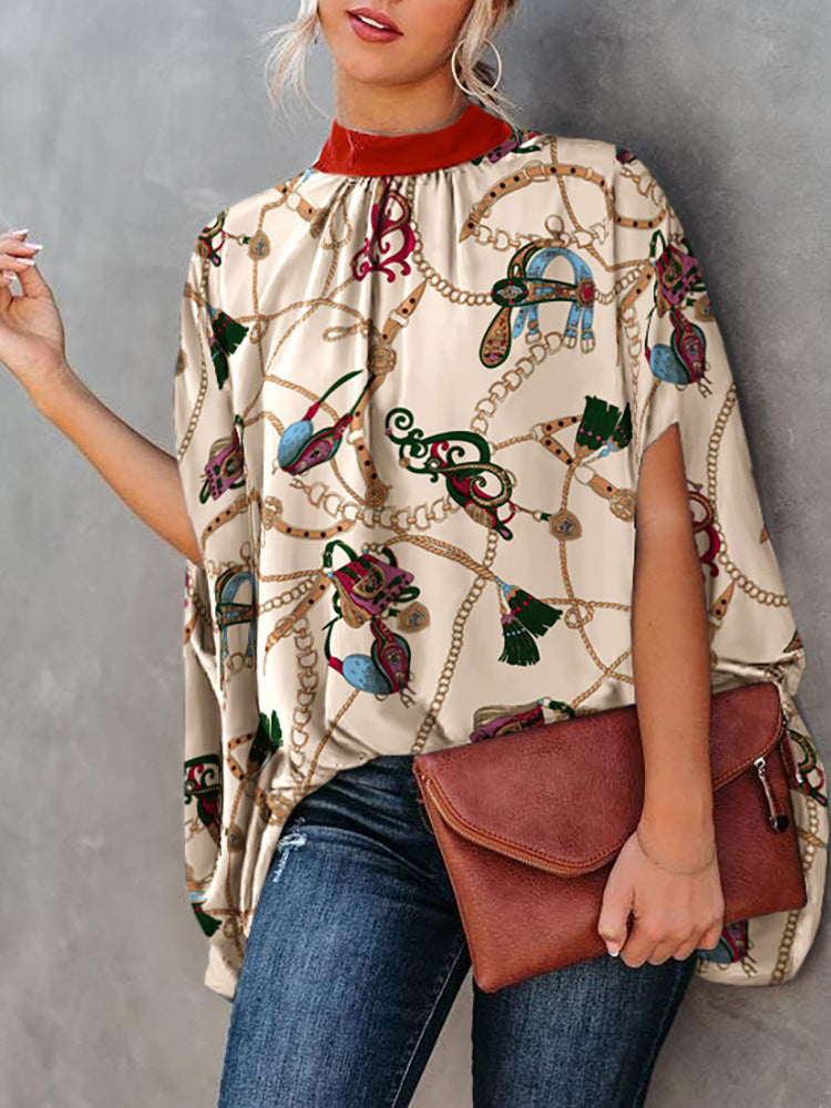 Women's Blouses Loose Print Crew Neck Doll Sleeve Blouse