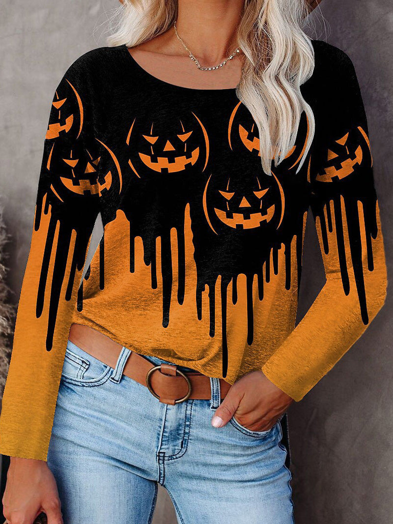 Women's T-Shirts Halloween Print Crew Neck Long Sleeve T-Shirt