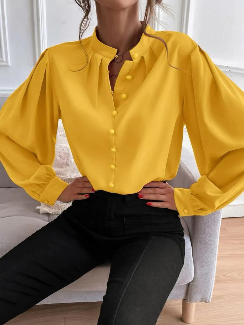 Women's Blouses Solid Lapel Button Long Sleeve Blouse