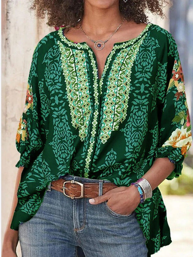 Women's Blouses Loose Vintage Print Long Sleeve Blouses