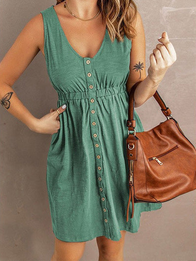 Women's Dresses Solid Button Elastic Waist Sleeveless Dress