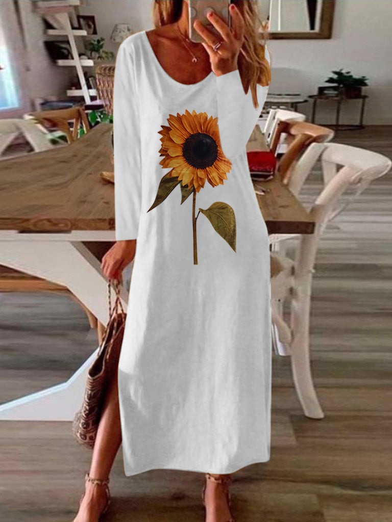 Women's Dresses Sunflower Print Slit Long Sleeve Dress