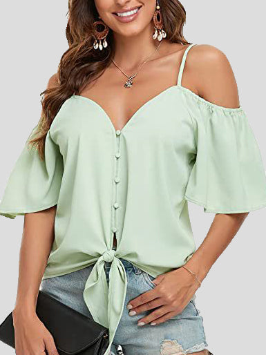 Women's Blouses Sling Single Breasted Knotted Off Shoulder Blouse