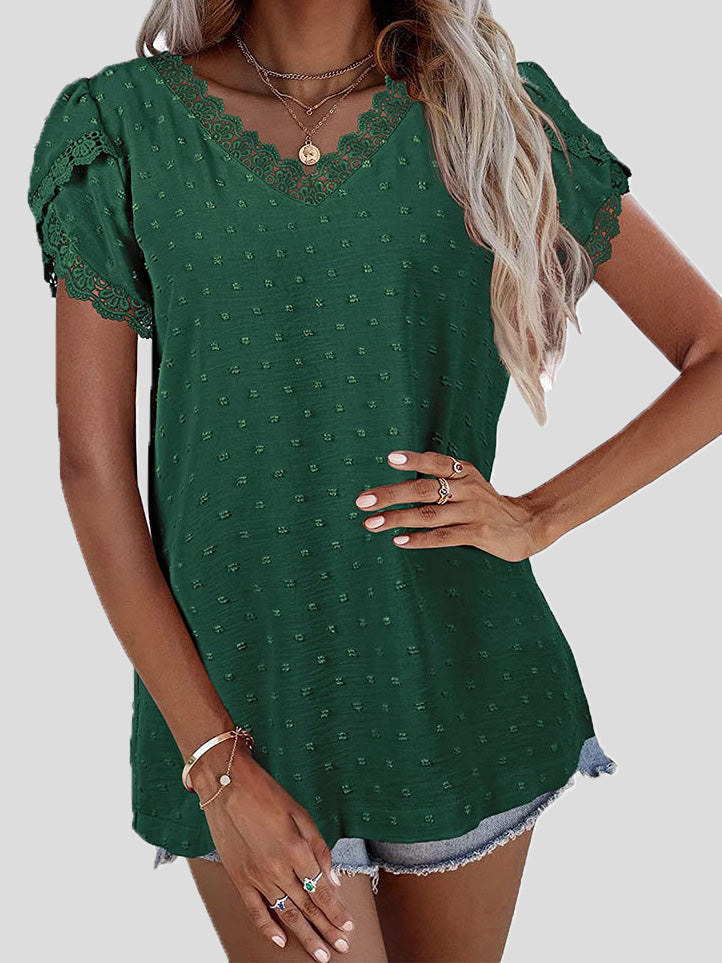 Women's Blouses V-Neck Lace Jacquard Short Sleeve Blouse