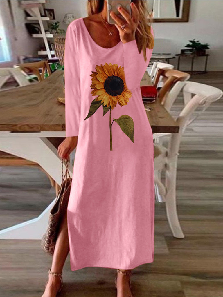 Women's Dresses Sunflower Print Slit Long Sleeve Dress