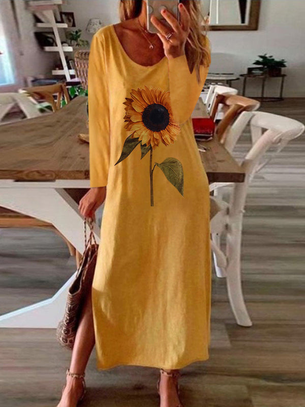 Women's Dresses Sunflower Print Slit Long Sleeve Dress