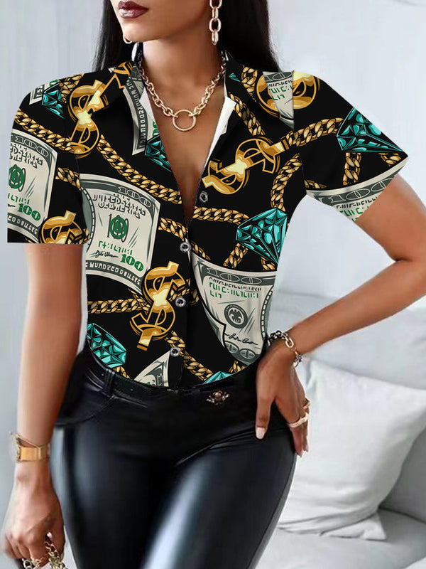 Women's Blouses Printed Lapel Button Short Sleeve Blouse