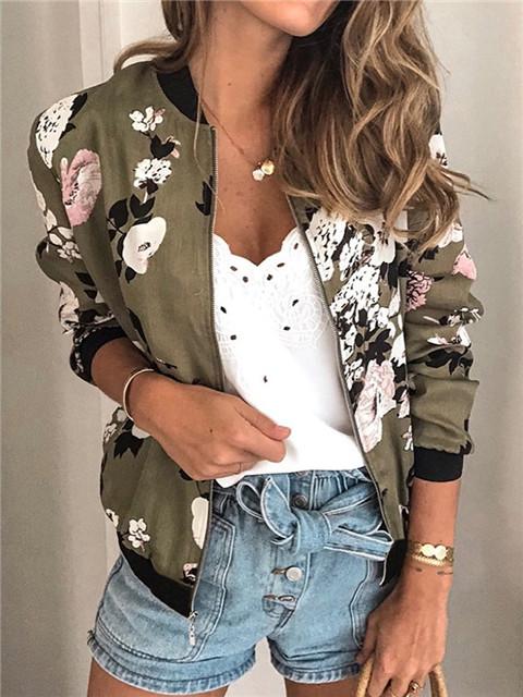 Stand Neck Zipper Long Sleeve Printed Jacket