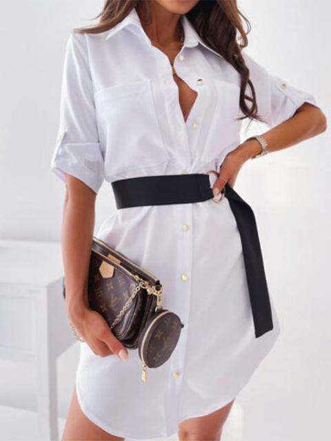 Solid Lapel Neck Short Sleeve Shirt Mini Dress