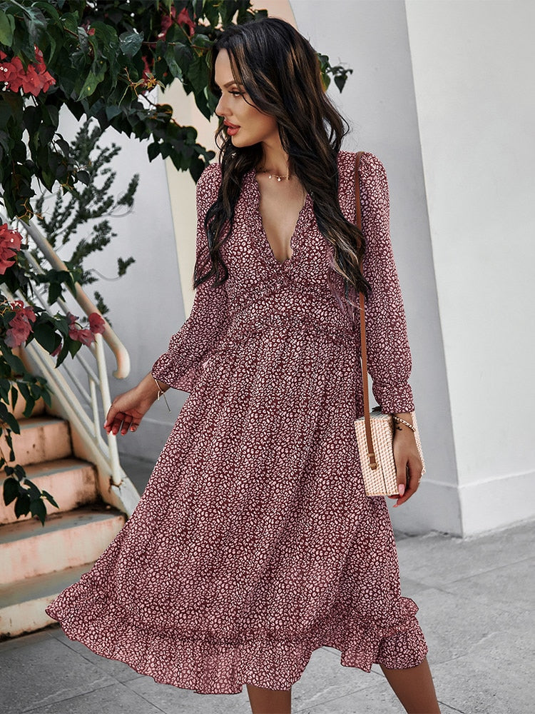 Sexy Floral Print Butterfly Sleeve High Waist Midi Dress