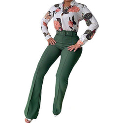 Casual Two Piece Leaf Print Shirt High Waist Pant Set