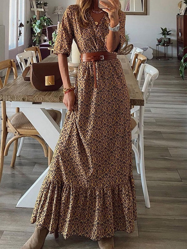 Fashion Chic V Neck Loose Floral Printed Maxi Dress