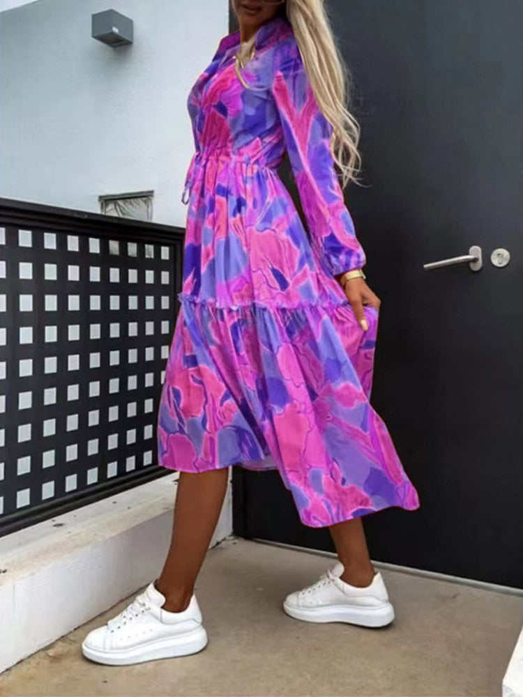 Casual Floral Print Turndown Collar Button Long Dress