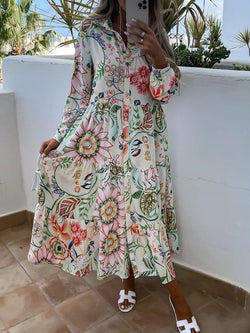 Casual Floral Print Turndown Collar Button Long Dress