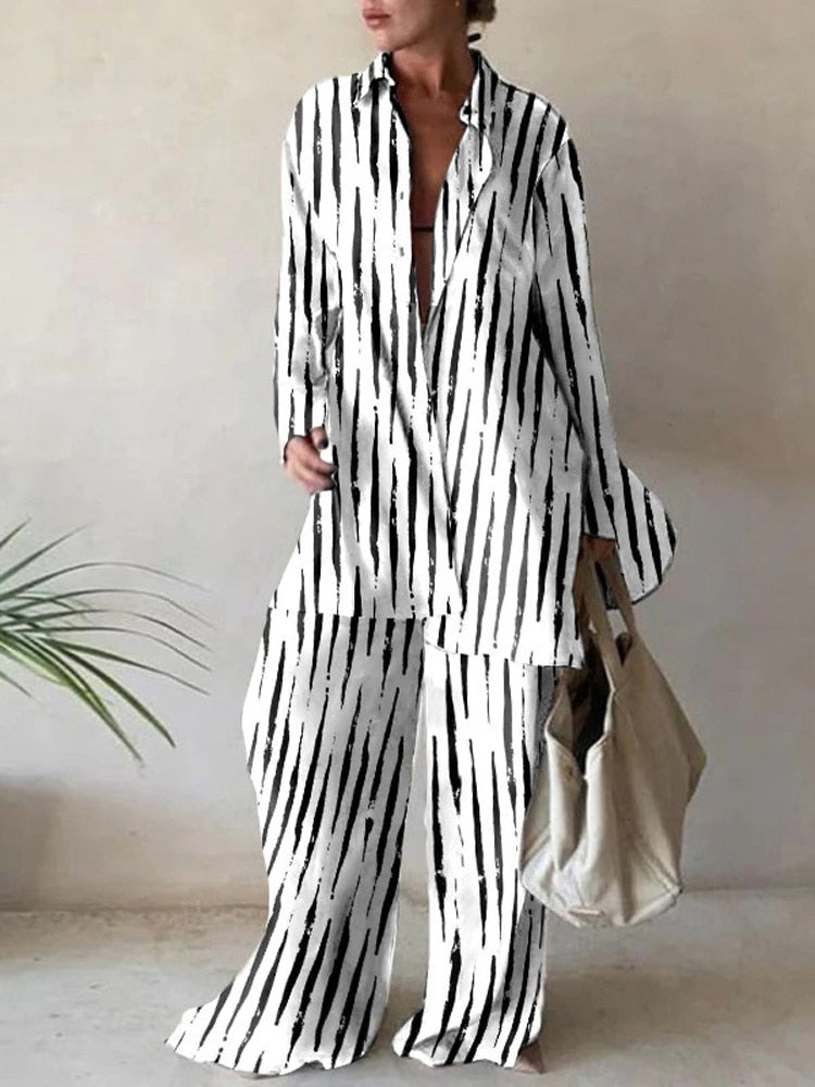 Two Piece Printed Loose Shirt Straight Pant Suit Set