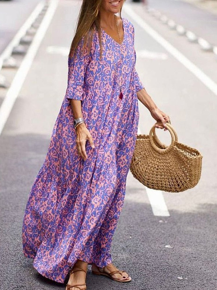 Casual Loose Retro Pattern Printed Elegant Maxi Dress