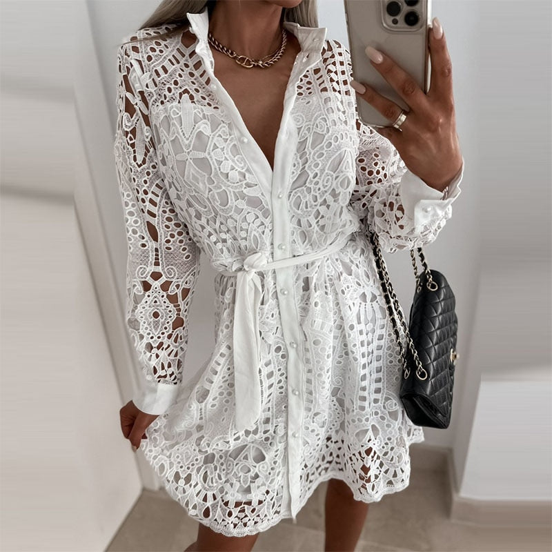 Sexy Lace Hollow Out Turn-down Collar Long Sleeve Dress