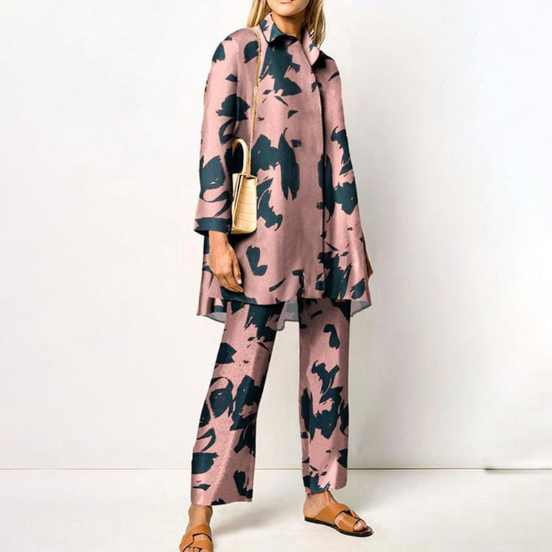 Two Piece Fashion Lapel Printed Long Sleeve Top Pant Set