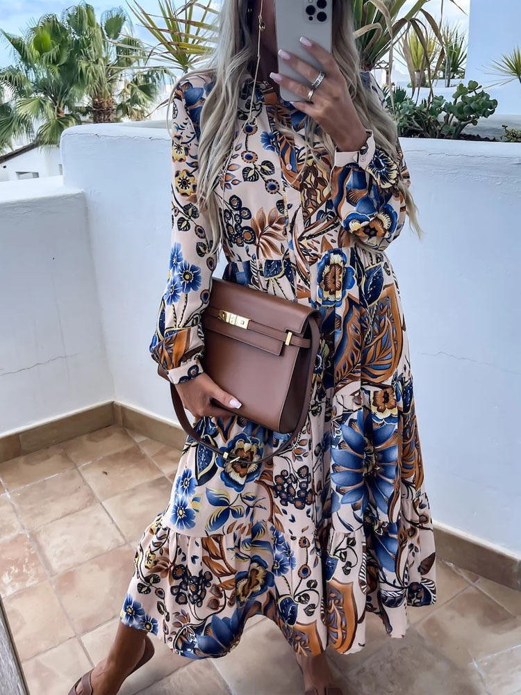 Casual Floral Print Turndown Collar Button Long Dress