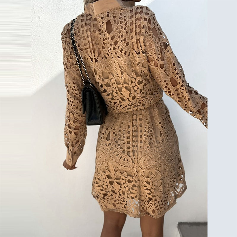 Sexy Lace Hollow Out Turn-down Collar Long Sleeve Dress