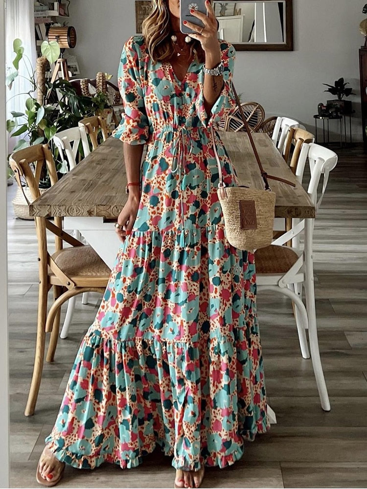 Fashion Chic V Neck Loose Floral Printed Maxi Dress