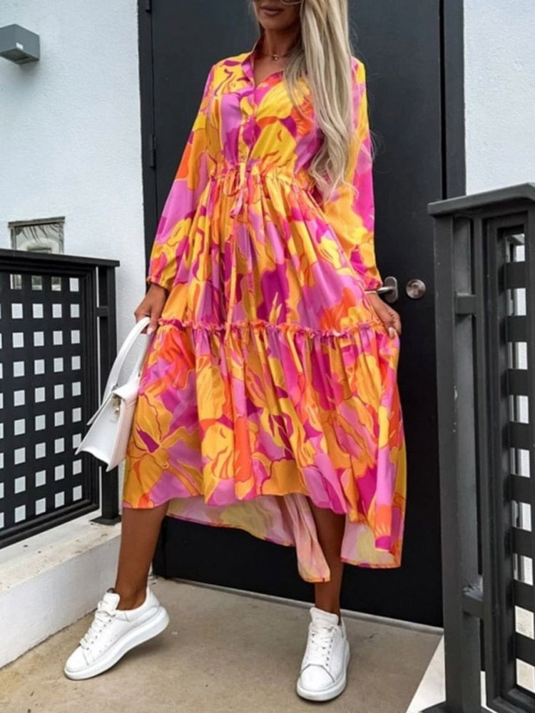 Casual Floral Print Turndown Collar Button Long Dress