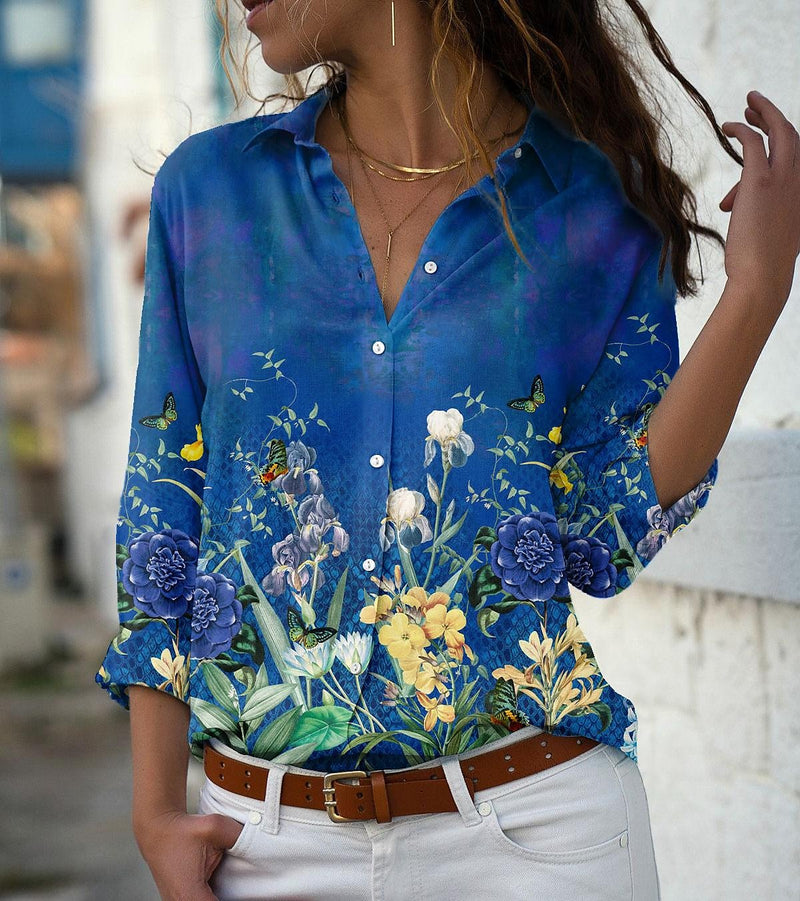 Fashion Long Sleeve Button Down Floral Blouse Top