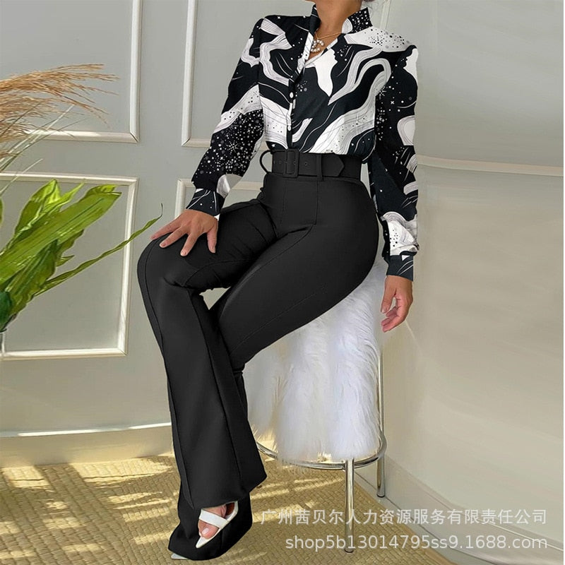 Two Piece Leaf Print Buttoned Shirt High Waist Pants Set