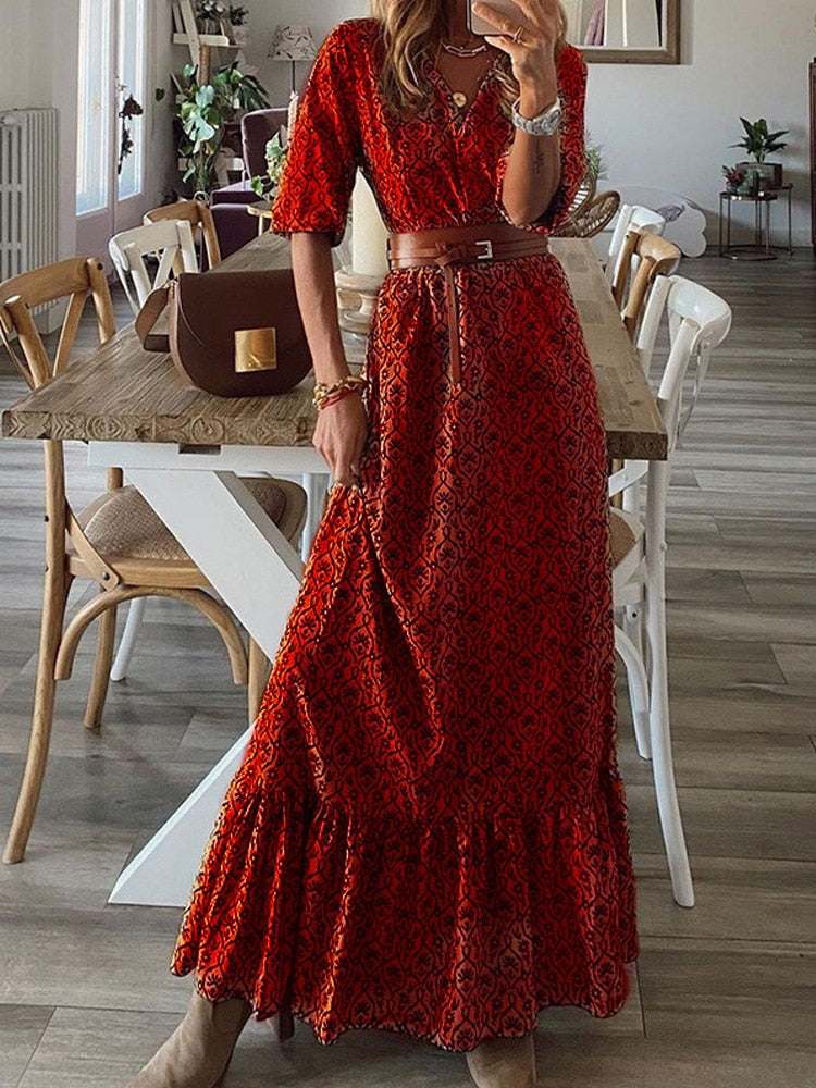 Fashion Chic V Neck Loose Floral Printed Maxi Dress