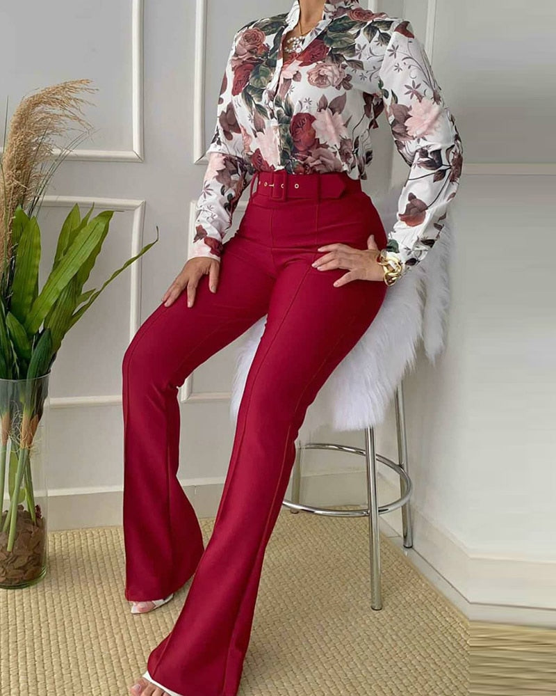 Two Piece Leaf Print Buttoned Shirt High Waist Pants Set