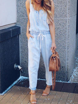 Slim Sleeveless Waistband Denim Jumpsuit