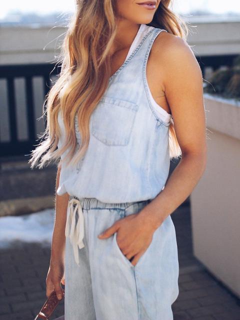 Slim Sleeveless Waistband Denim Jumpsuit