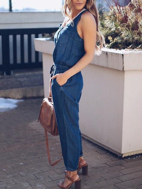 Slim Sleeveless Waistband Denim Jumpsuit