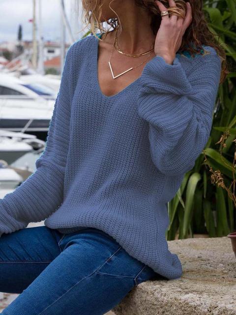 Solid Ribbed V-Neck Lightweight Sweaters