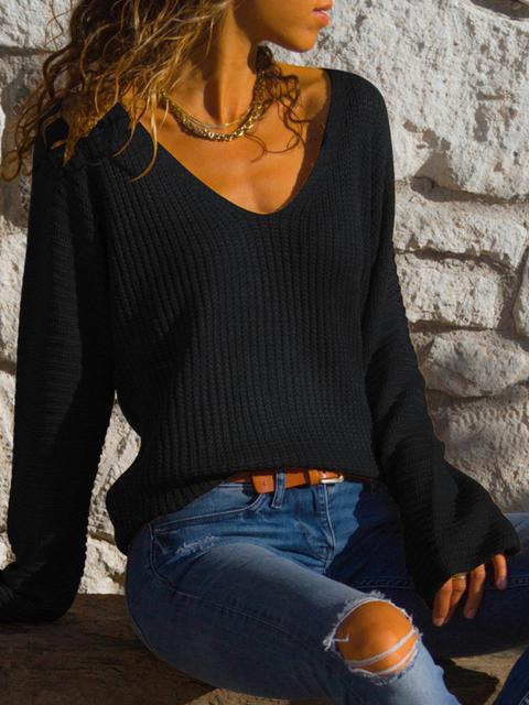 Solid Ribbed V-Neck Lightweight Sweaters