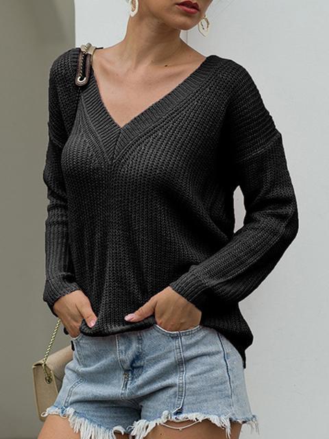 Solid V-neck Knitted Lightweight Sweater