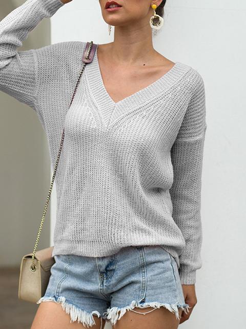 Solid V-neck Knitted Lightweight Sweater