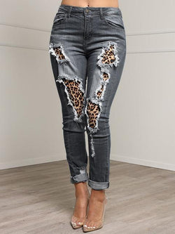 Stitched Leopard Slim Hole Jeans