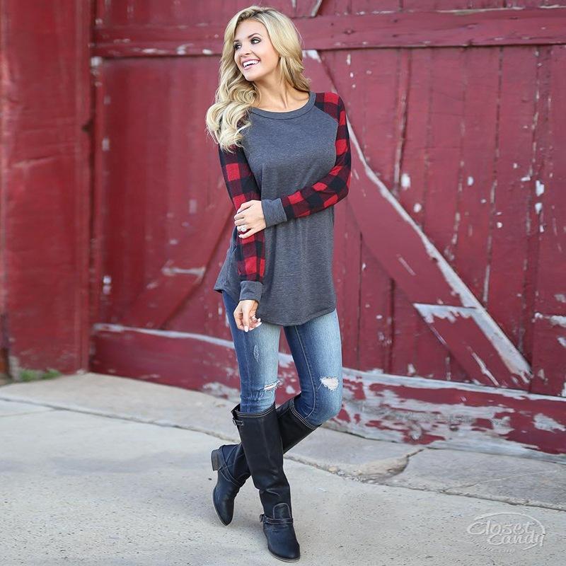 Blue Plaid Long Sleeve Pullover Crew Neck Top - Landing Closet