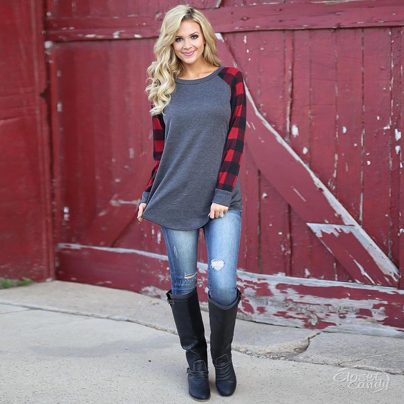 Blue Plaid Long Sleeve Pullover Crew Neck Top - Landing Closet