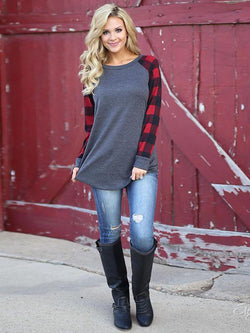 Plaid Long Sleeve Pullover Crew Neck Top