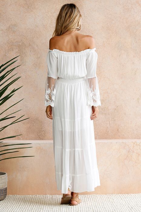 Off Shoulder Elastic Waist Lace Sleeve Maxi Dress