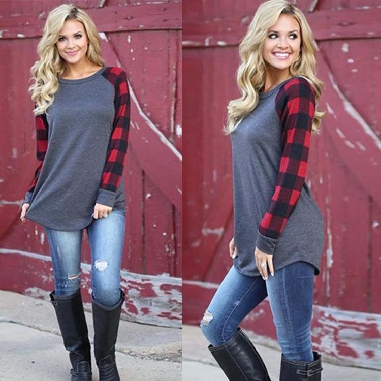 Plaid Long Sleeve Pullover Crew Neck Top