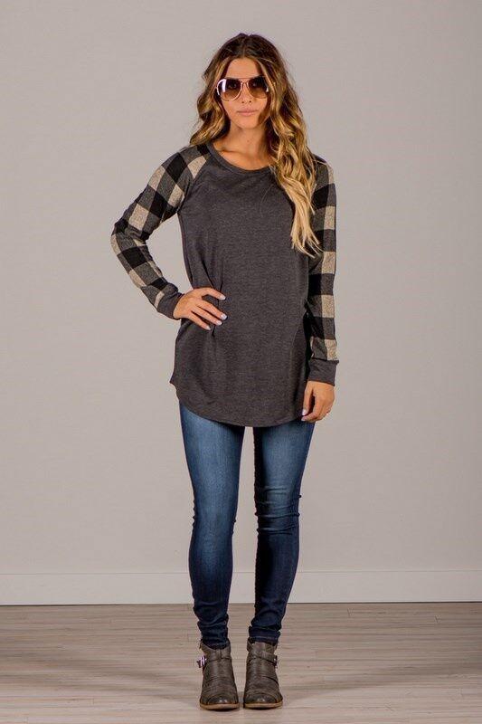 Blue Plaid Long Sleeve Pullover Crew Neck Top - Landing Closet