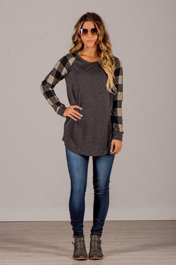 Wheat Plaid Long Sleeve Pullover Crew Neck Top