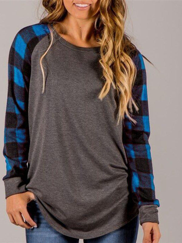 Blue Plaid Long Sleeve Pullover Crew Neck Top - Landing Closet