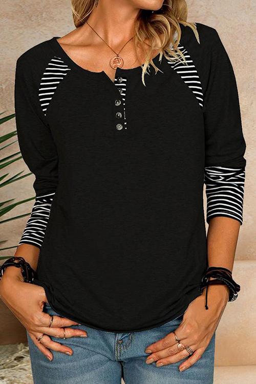 Stripe Patchwork Button Long Sleeve T Shirt