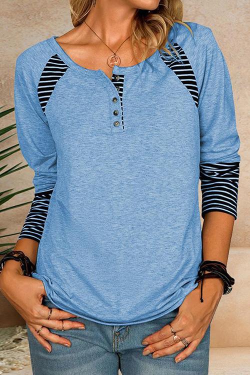 Stripe Patchwork Button Long Sleeve T Shirt