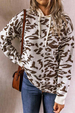 Leopard Knit Drawstring Hood Tops